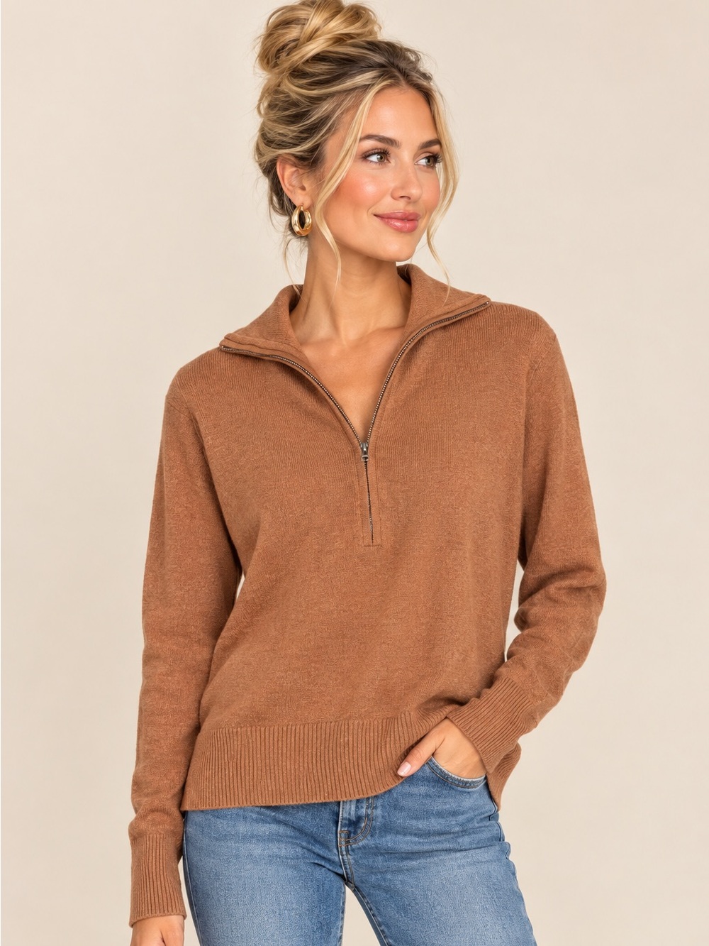 Everlane The Luxe Merino Half-Zip Sweater Tawny Brown Size Small NWT